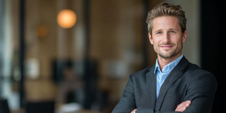 Portrait of a man in a dark suit, arms crossed, smiling confidently against a blurred office background, showcasing professionalism and success in business