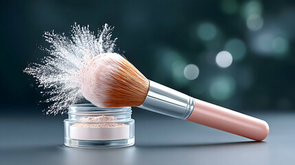 Pink makeup brush releasing powder burst from jar