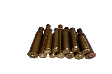 Empty cartridges of various calibers, after shooting, on the work table