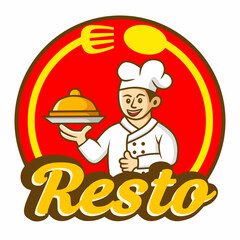 Restaurant logo vector illustration with chef character holding serving plate, spoon, fork elements and "Resto" text. Perfect for culinary business branding, restaurant signage, food service identity.
