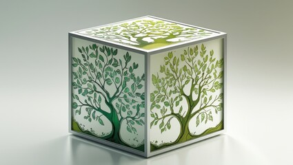 Cubic Artwork Intricate Green Tree Design on Modern Silver Frame