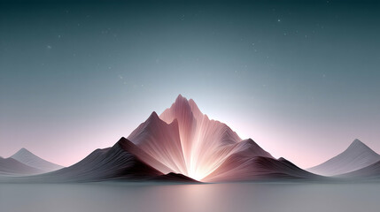 Sunrise illuminating a majestic, stylized mountain range reflecting on a calm body of water under a twilight sky