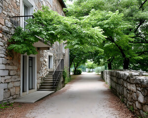 Stone building and tree-lined pathway