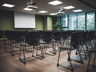 Chairs arranged in rows, training room is ready for a presentation in a learning environment