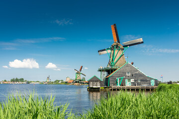 Beautiful windmills in the countryside area of Zaanse Schans,  Netherlands