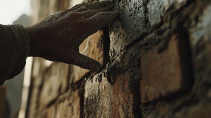 Obraz premium Mason constructing brick wall with mortar at construction site. Featuring precision and craftsmanship