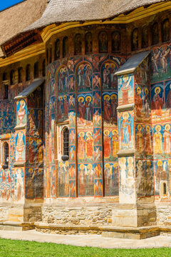 Amazing colorful painted monastery of Moldovita, Bucovina,  Romania