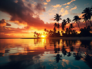 Tropical sunset with palm trees in shadow and ocean reflecting golden clouds dramatically