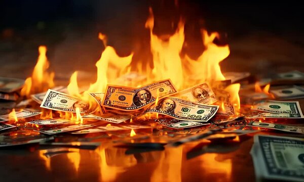 Burning cash in dramatic flames symbolizes financial crisis, waste, and economic collapse with intense emotional impact and visual metaphor.