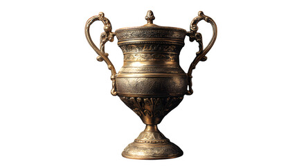 A golden trophy cup with intricate handles displayed on a matte black background --ar 16:9 --v 7.0