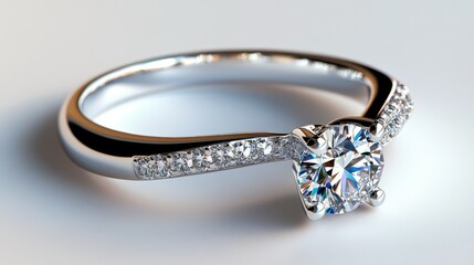 Beautiful silver engagement ring with bright diamonds, simple white backdrop