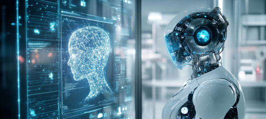 A synthetic robot analyzes digital representations of human consciousness within a futuristic lab.