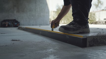 Construction worker checking the level of the concrete slab. Featuring accuracy and care