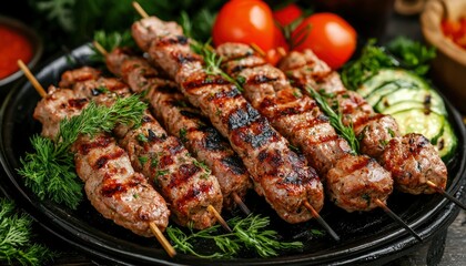Grilled meat skewers with fresh dill, zucchini, tomatoes on dark surface