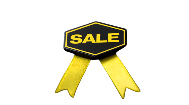 Black hexagonal badge with a yellow ribbon and "SALE" text, shown on a black background --ar 16:9 --v 7.0