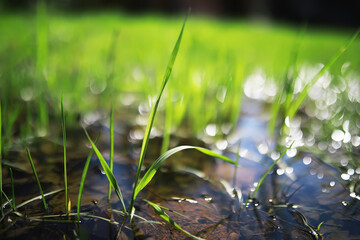 Close-Up of Fresh Green Grass with Water Drops in a Sunlit Meadow