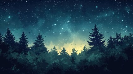 Fototapeta premium Enchanting night sky over forest with glowing stars and silhouetted trees