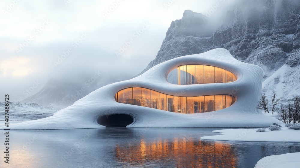 Poster A futuristic building designed with biomaterials showcases ecofriendly architecture. Set against a snowy mountain backdrop, it reflects a commitment to sustainability and innovation.