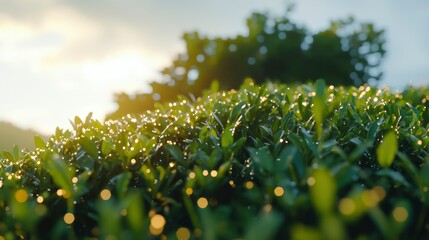Dew drops glitter on green bush leaves at sunrise, blurred tree background