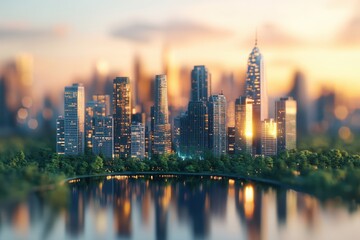 Fototapeta premium City skyline at sunset with reflections on water and lush greenery in the foreground