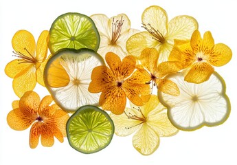 Vibrant Arrangement of Citrus Fruits and Delicate Flowers on White Background for Culinary and Aesthetic Purposes in Creative Projects