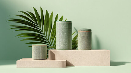 Three green cylindrical containers on beige podiums, beside a palm leaf against a pale green background, showcasing a minimalist product display
