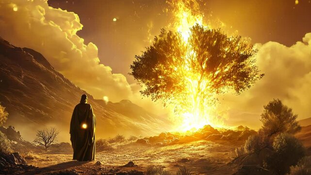 Dramatic biblical scene depicting moses facing a luminous burning bush ethereal golden light illuminates the desert landscape creating an aweinspiring atmosphere
