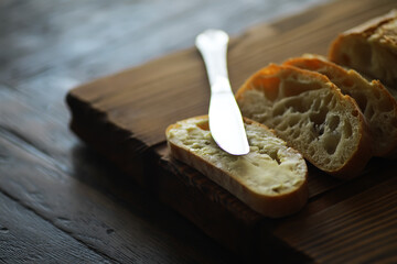 Rustic Bread Slices with Butter and Knife on Wooden Cutting Board