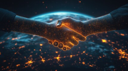 Digital handshake in futuristic global network concept