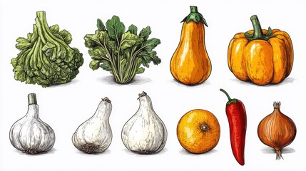 Colorful vegetables and fruits illustration: broccoli, arugula, squash, bell pepper, garlic, orange, chili, onion