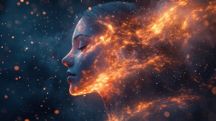 Female silhouette in cosmic fire and stars artistic portrait