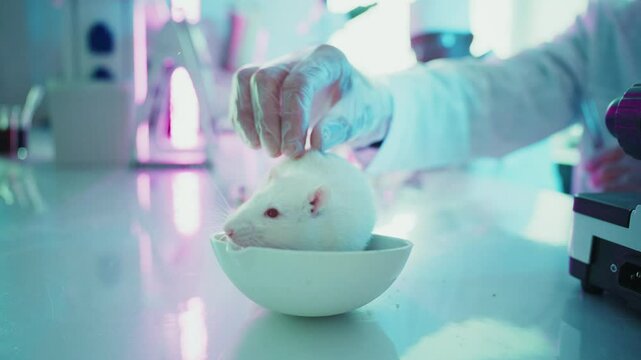 Scientific research involving white laboratory rat attempting escape from transparent bowl during controlled experimental procedure, highlighting animal behavior under research conditions
