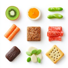 a set of healthy snacks clipart, meal plan component, 3D illustration, pastel color, isolated on white background