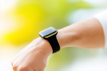 Fototapeta premium Smartwatch displayed on wrist, showcasing sleek design and functionality. Bright blurred background emphasizes a contemporary setting. Concept of technology, fitness tracking, lifestyle improvement