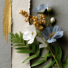 Delicate floral arrangement on textured grunge paper background showcasing beige and blue blooms with gold accents