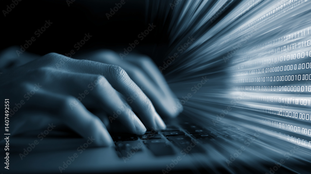 Poster close-up of hands typing on a keyboard, binary code streams from the screen, symbolizing fast data p