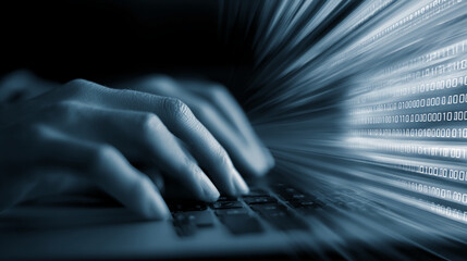 Close-up of hands typing on a keyboard,  binary code streams from the screen, symbolizing fast data processing, digital technology, and online activity