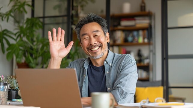 Middle-Aged Asian Businessman Smiling on Video Call with Laptop