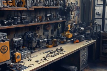 Meticulously crafted miniature machine shop showcases tiny tools, equipment, and workbenches, capturing the essence of a bustling workshop in exquisite detail