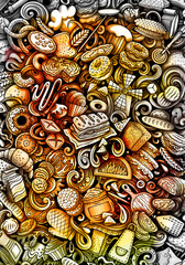 Cartoon vector doodle Bakery background. Funny Bakehouse watercolor illustration