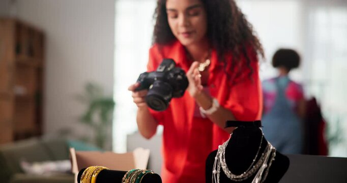 Shipping, photography and jewelry with woman and product for small business, designer or ugc marketing. Ecommerce, online boutique and post with person in office for entrepreneur and creative startup