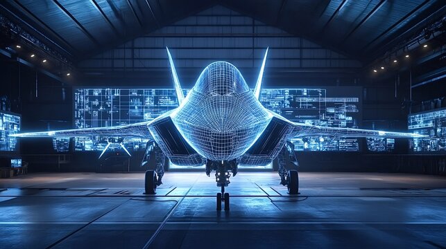 Holographic projection of a cutting-edge fighter jet undergoing a simulated maintenance check in a high-tech hangar, highlighting innovative digital twin technology in aviation