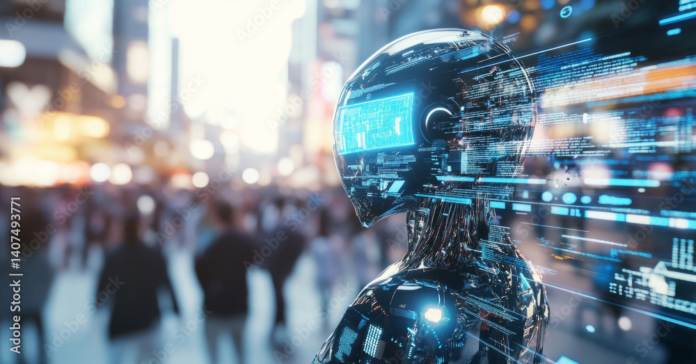 Poster a synthetic robot stands amid a bustling urban environment, symbolizing the fusion of technology and