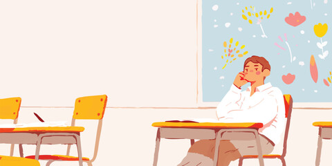 Fototapeta premium A student sits daydreaming in a classroom, lost in thought. A blend of focus, relaxation, and a hint of boredom.