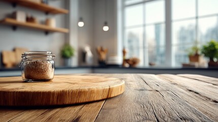 Wooden table with cutting board in a modern kitchen