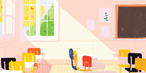 A sunlit classroom is filled with the promise of knowledge and learning, with empty desks and colorful chairs waiting for the arrival of students. Sunshine pours in through the window.