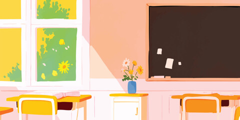 A serene classroom illustration with bright ambiance and sunlight. Focus on the composition with desks, a chalkboard, and a beautiful floral arrangement, creating a welcoming learning environment.