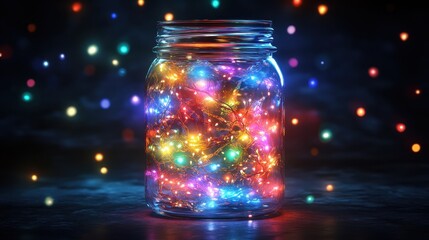 Vibrant multicolor fairy lights in sparkling glass jar