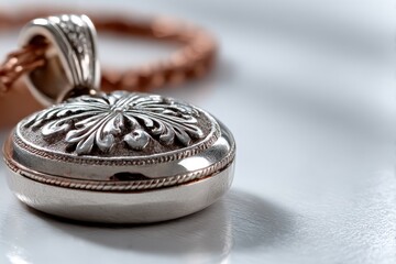Intricate silver pendant showcases elegant craftsmanship and timeless design, highlighting delicate engravings against a minimalist background