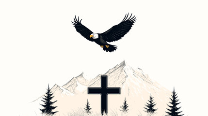 Fototapeta premium Retro-style black and white eagle soaring above a mountain cross, symbolizing strength through faith